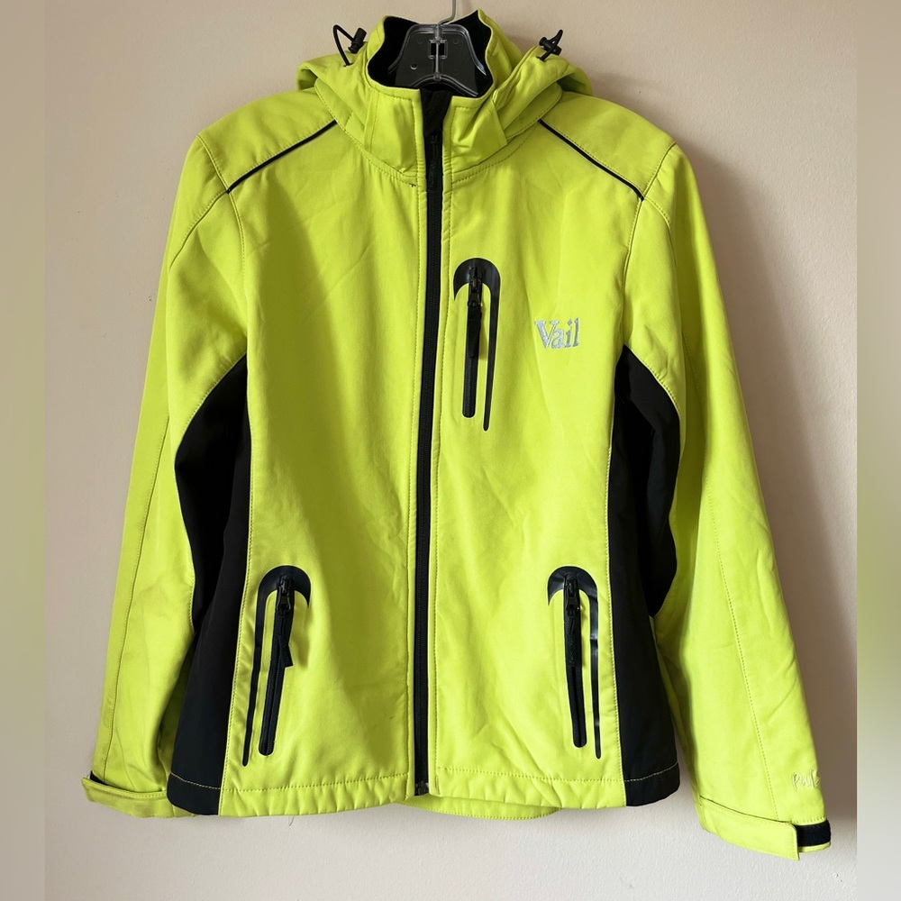 Green Pulse water-resistant jacket with removable hood.